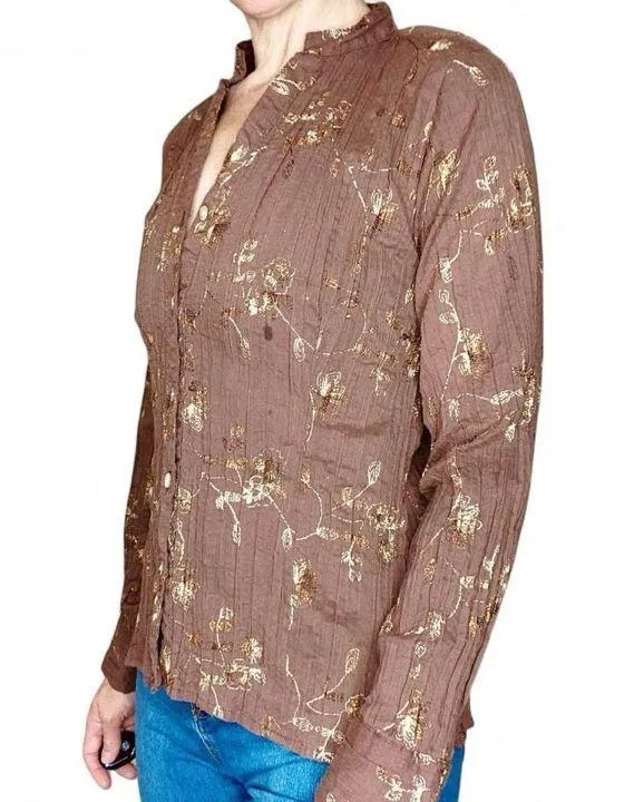 Vintage Y2K Lemon Grass Studio Brown Floral Embroidered Button Down Shirt - Image 6