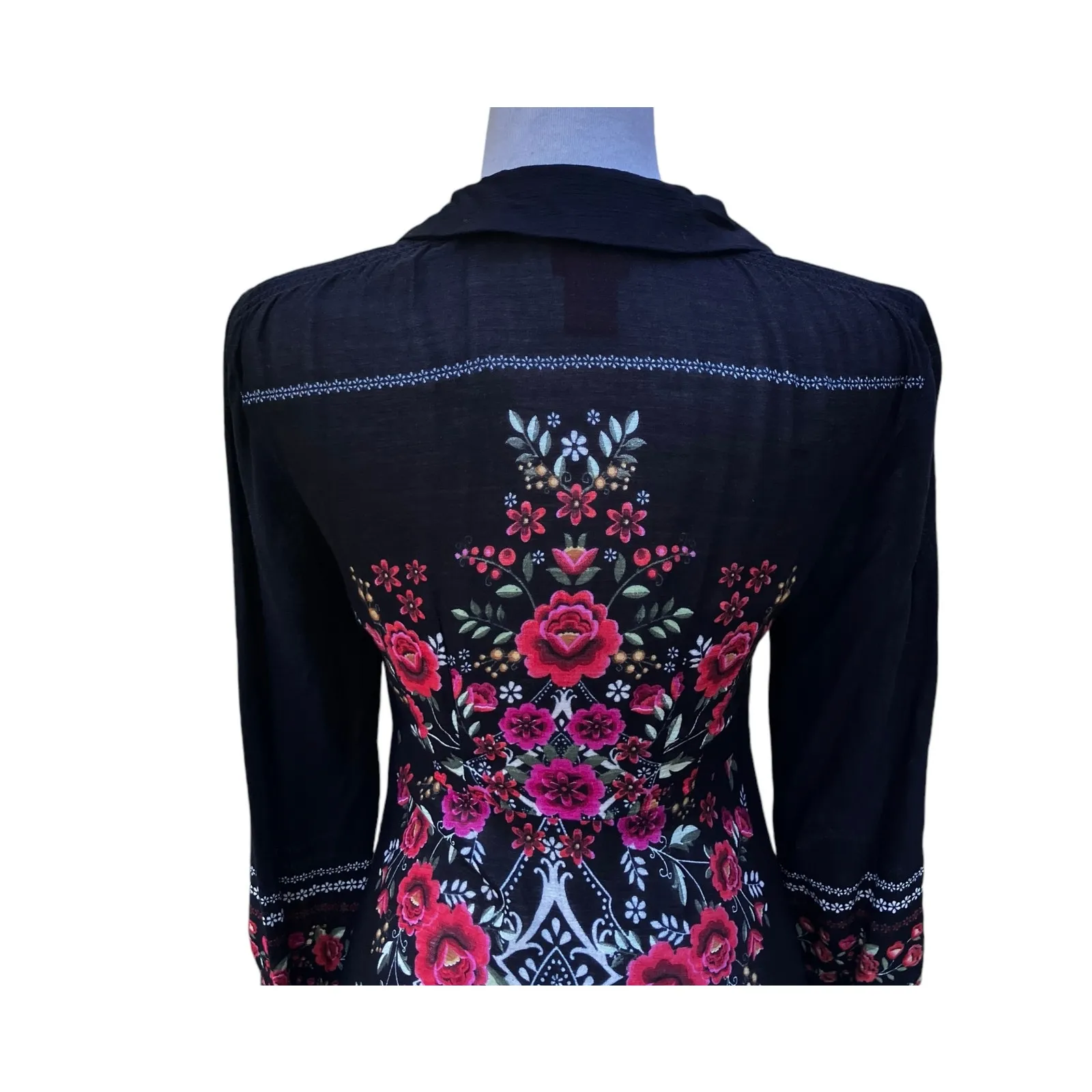 V. Cristina Mini Dress Sz Sm Black Floral Boho 3/4 Sleeve Whimsygoth Festival - Image 7