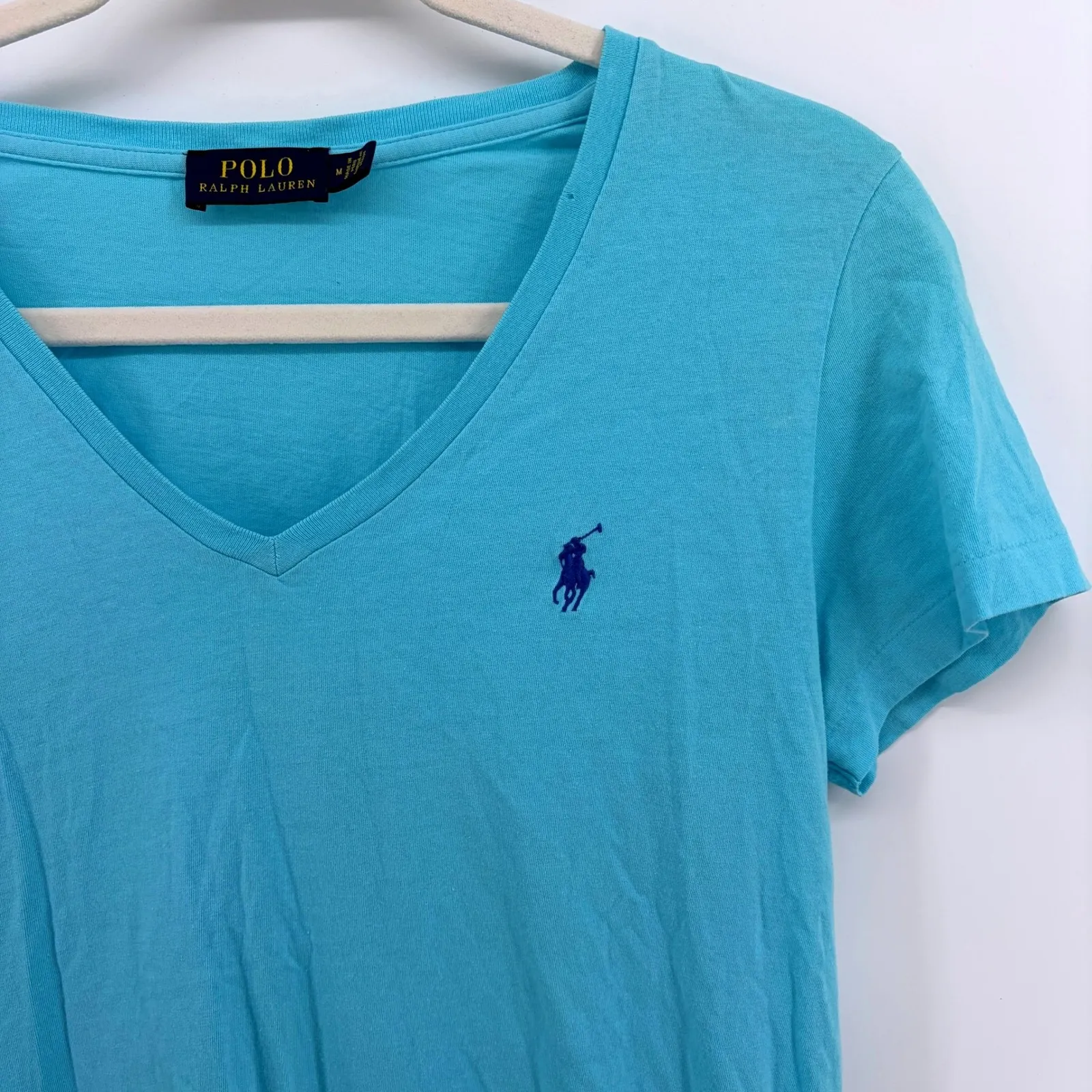 Polo Ralph Lauren Womens V Neck T Shirt Blue Cotton Pony Logo Size Medium- READ - Image 3