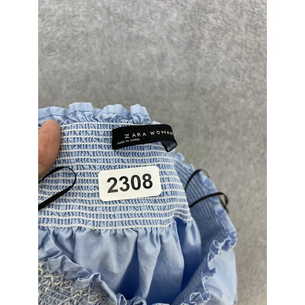 ZARA Women's Off Shoulder Dress Solid Blue Size Small Smocked Sleeve Shift - Image 3