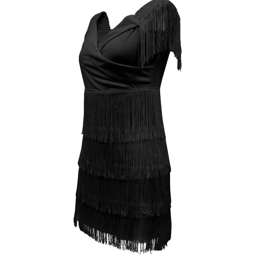 NEW Off Shoulder Wrap Fringe Sleeveless Elegant Party Mini Dress L Black Size L - Image 4