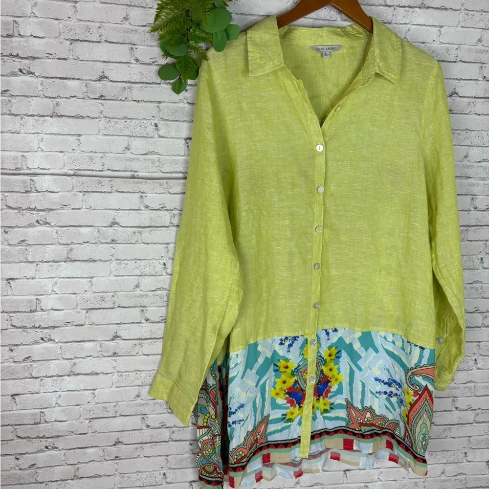 John Mark Chartreuse Green Linen Mandala Paisley Long Sleeve Button Down Tunic - Image 2