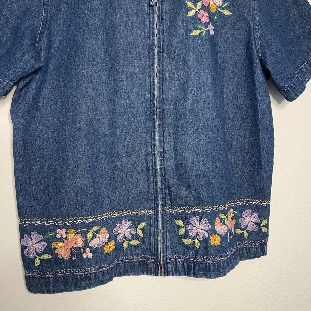 Vintage 90’s embroidered western denim full zip short sleeve shirt size S - Image 2