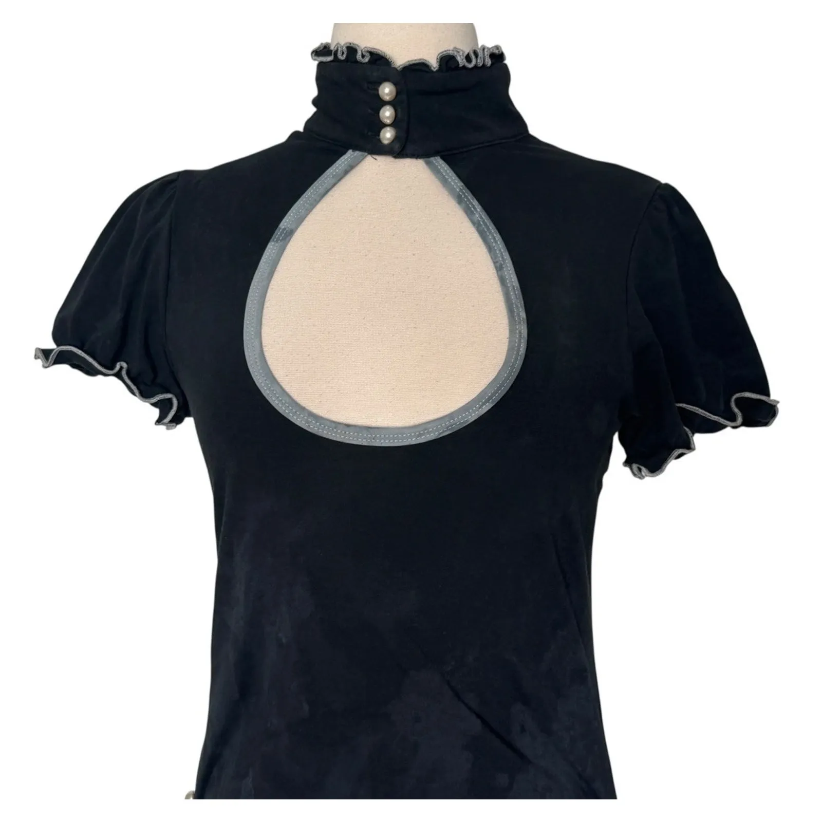 RARE Indie Vintage Cutout Ruffle Mini Dress Y2K Coquette Cottagecore Goth Sz M Black Size M - Image 4