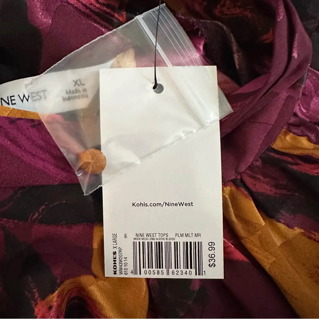 Nine West Plum Purple Abstract Marble Print Mock Neck Long Sleeve Blouse Size XL - Image 11