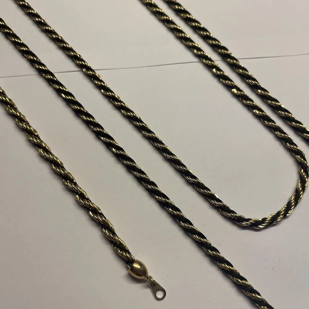 Signed Trifari Set Costume Jewelry 2 Necklaces & Bracelet Black Corded / Gold - Image 11