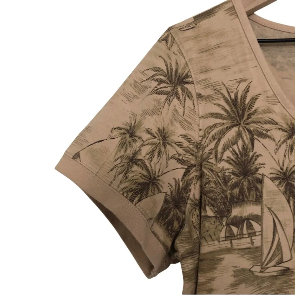 Liz Claiborne Beige Tan Tropical Beach Short Sleeve Casual Tee T-Shirt Top - Image 2