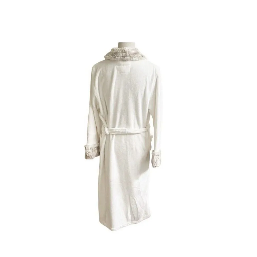 Carole Hochmann Plush Tie Wrap Robe M Ivory Tan Faux Fur Shawl Neck Pocket NWOT - Image 3