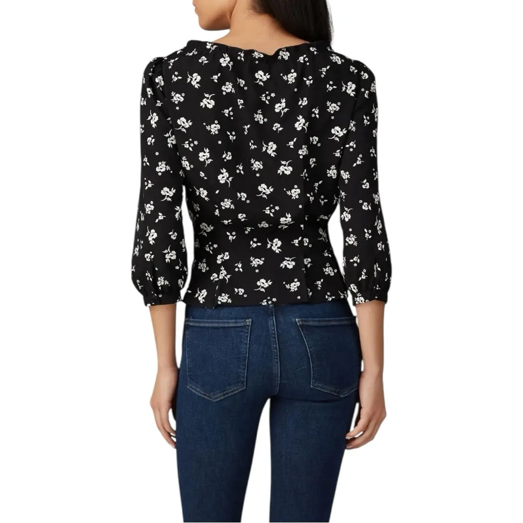 Sweet Baby Jamie Black Floral Tie Top size Small 3/4 Sleeves Scoop Neck Buttons - Image 2