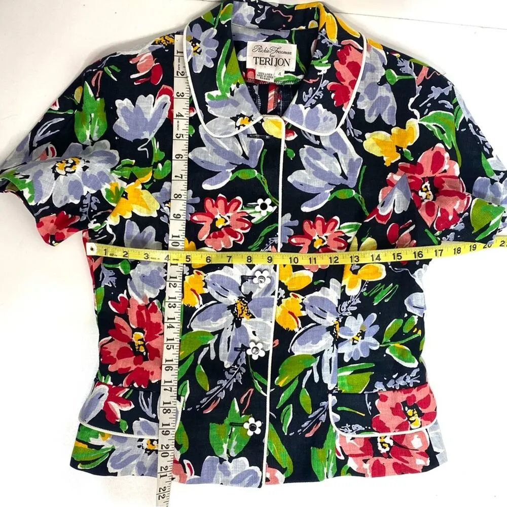 Rickie Freeman for Teri Jon Vintage Linen Jacket Silk Skirt Suit Set Floral 4 Black - Image 7