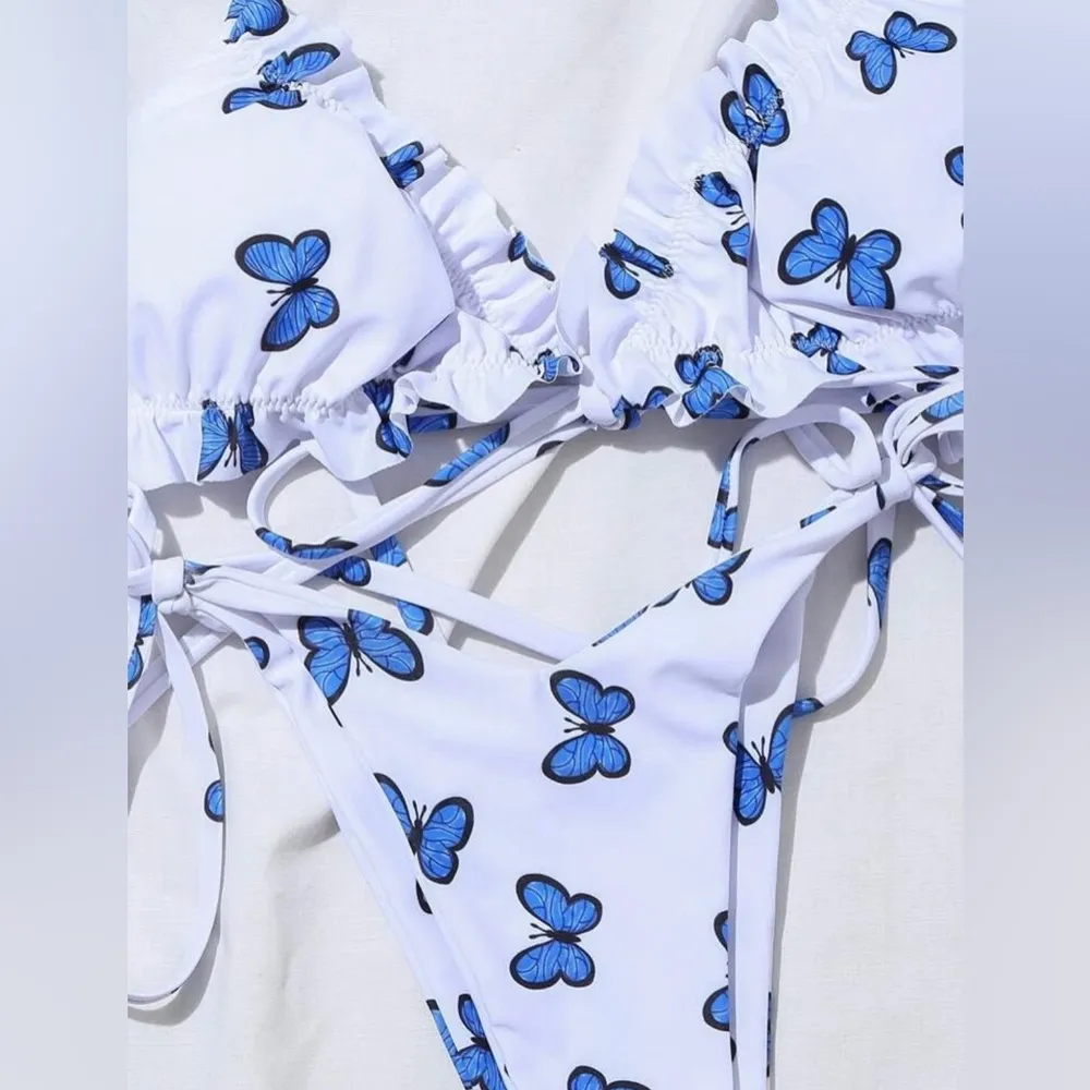 White And Blue Butterfly Print Tie Halter Bikini Size Large Brand New - Image 5