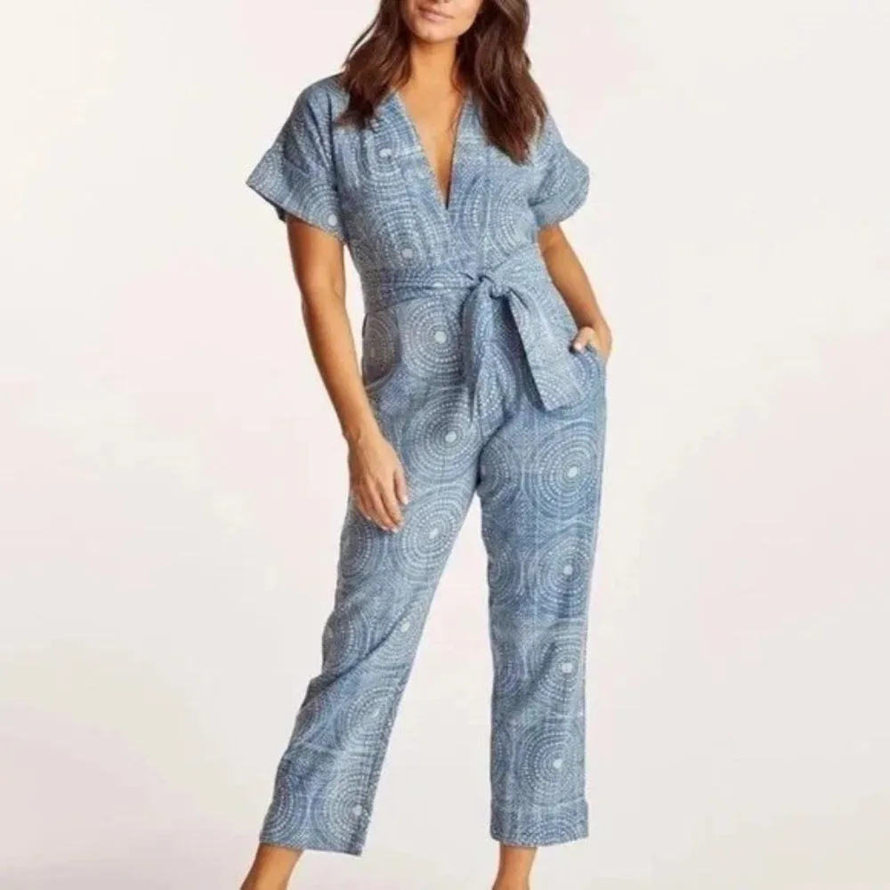 Cleobella Tominaga Indigo Print Short Sleeve Tie Waist Cropped Jumpsuit Romper - Image 4