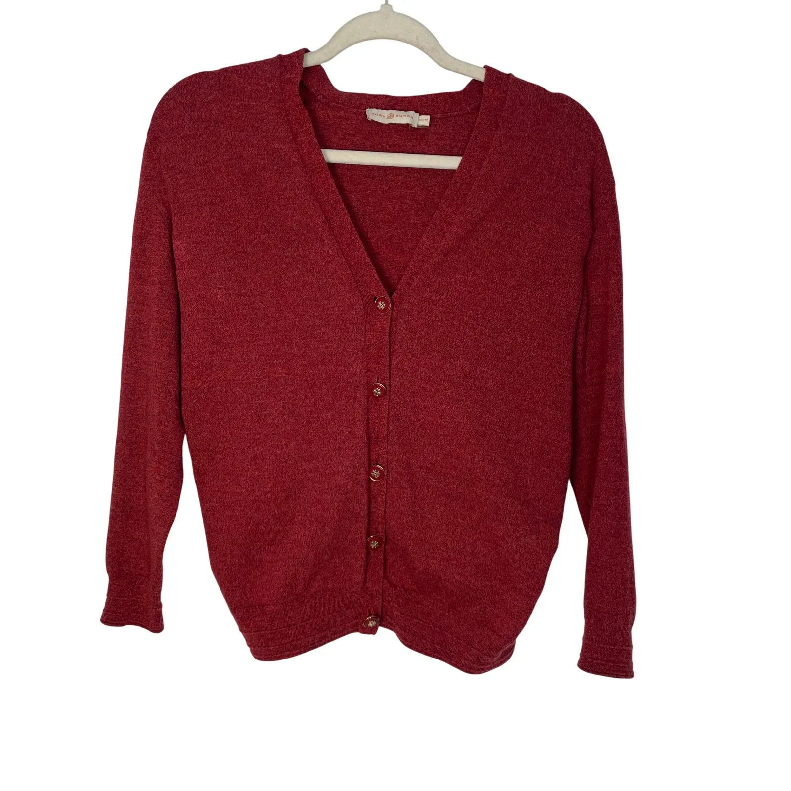Tory Burch Women's Red Madeline V-Neck Merino Wool Cardigan Sweater Size XS - Image 2