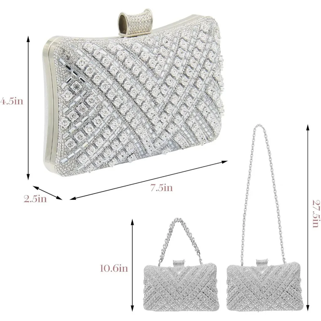 ⚡Women's Silver Evening Sparkly Shoulder Crystal Clutch Bridal Party Wedding Bag - Image 7