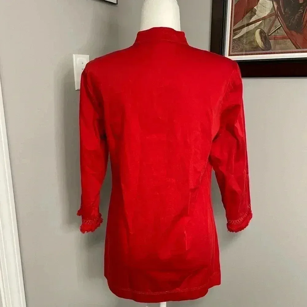 Brooks Brothers Top Blouse Tunic Womens Red Frayed Crochet Size Medium Cotton - Image 4