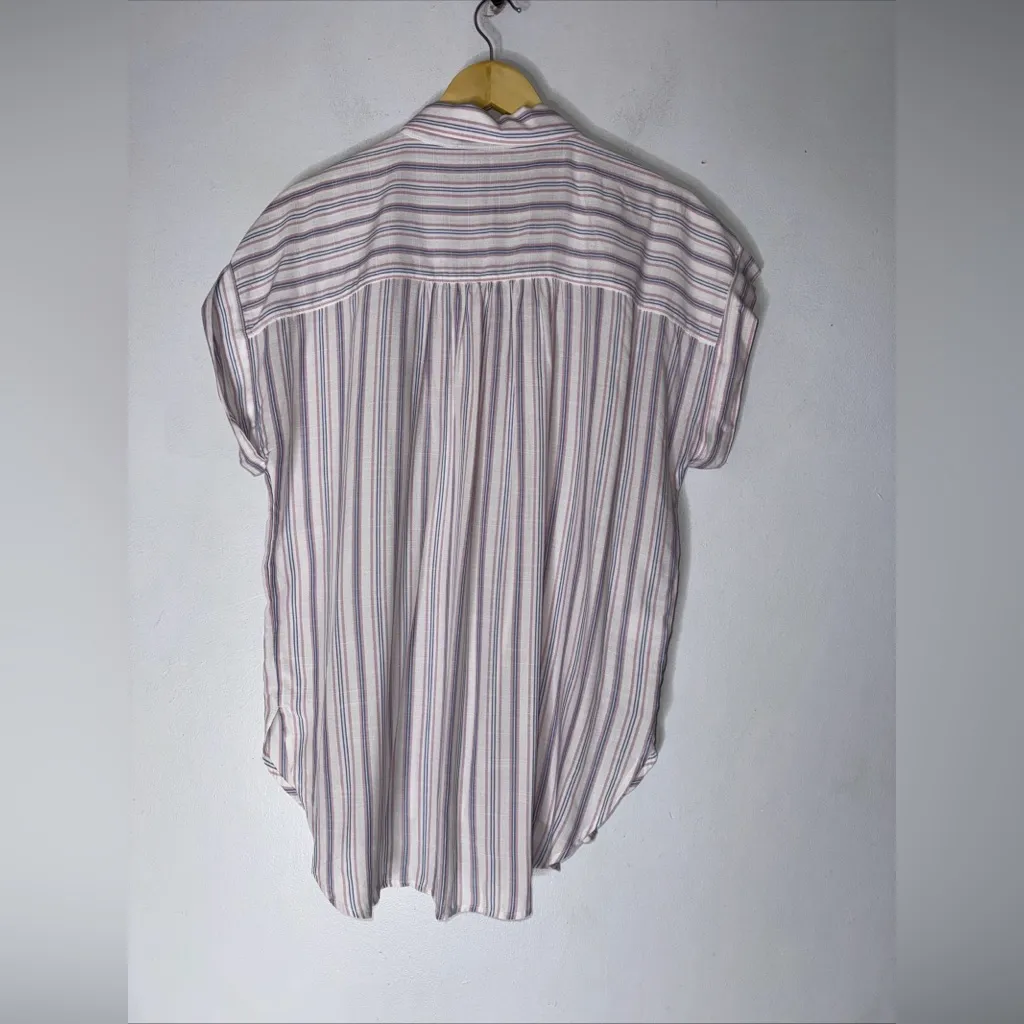 Loft Pink Blue White Stripe Short Sleeve Collar‎ Button Down Large - Image 2