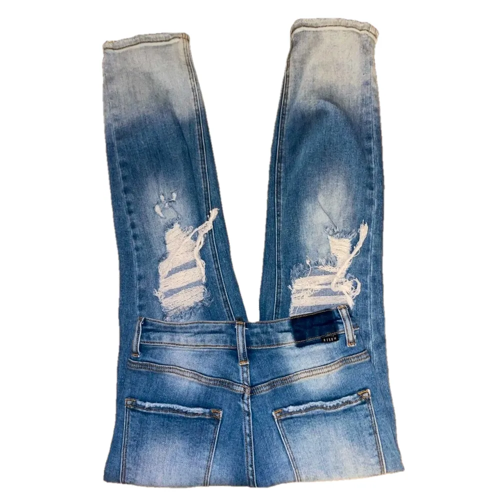 RISEN Jeans Distressed Two Tone Denim Straight Women Size 3 Boho Stretch Edgy - Image 2