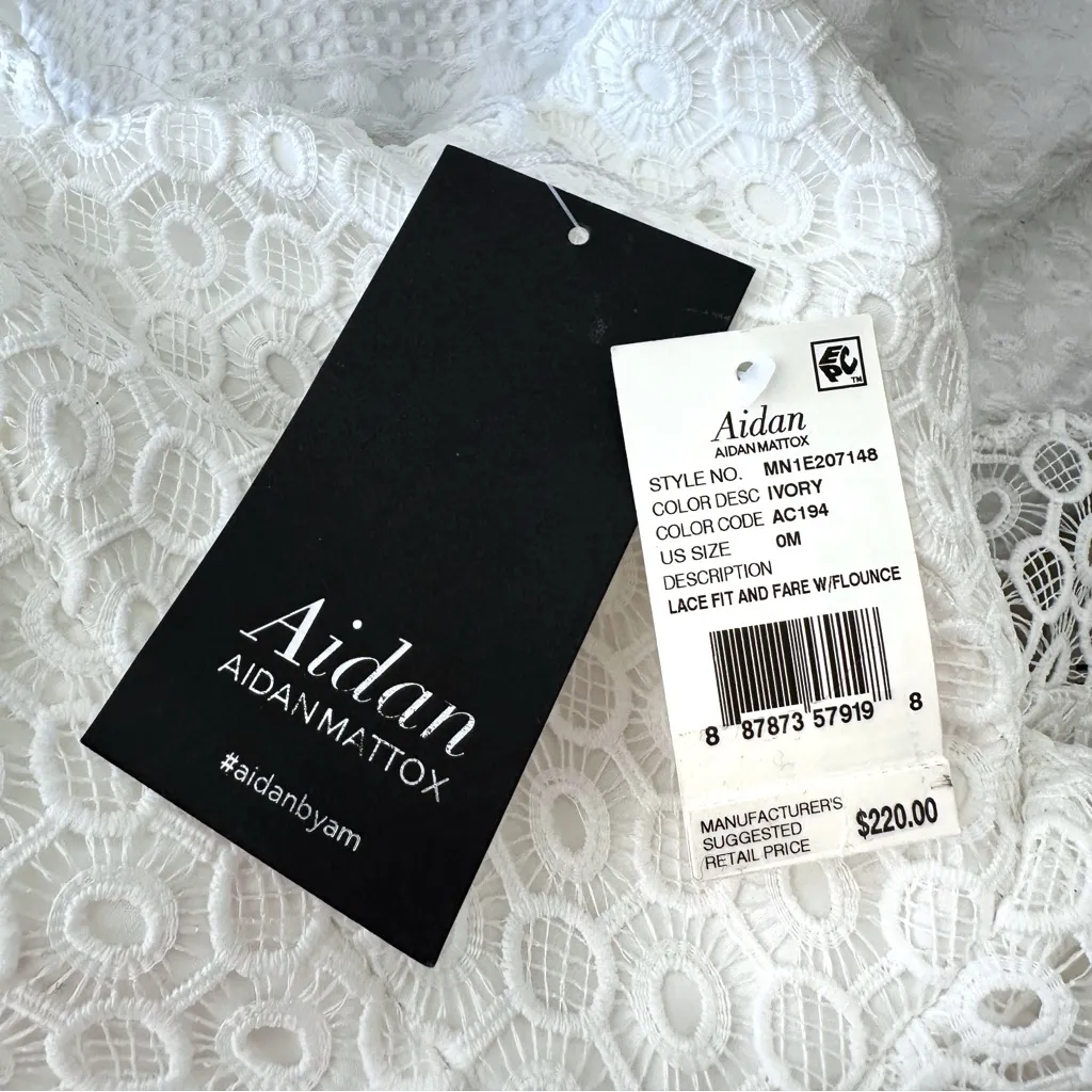 NWT Aidan Mattox Ivory Lace Eyelet Ruffle Fit Flare Fully Lined Chic Dress - Image 6