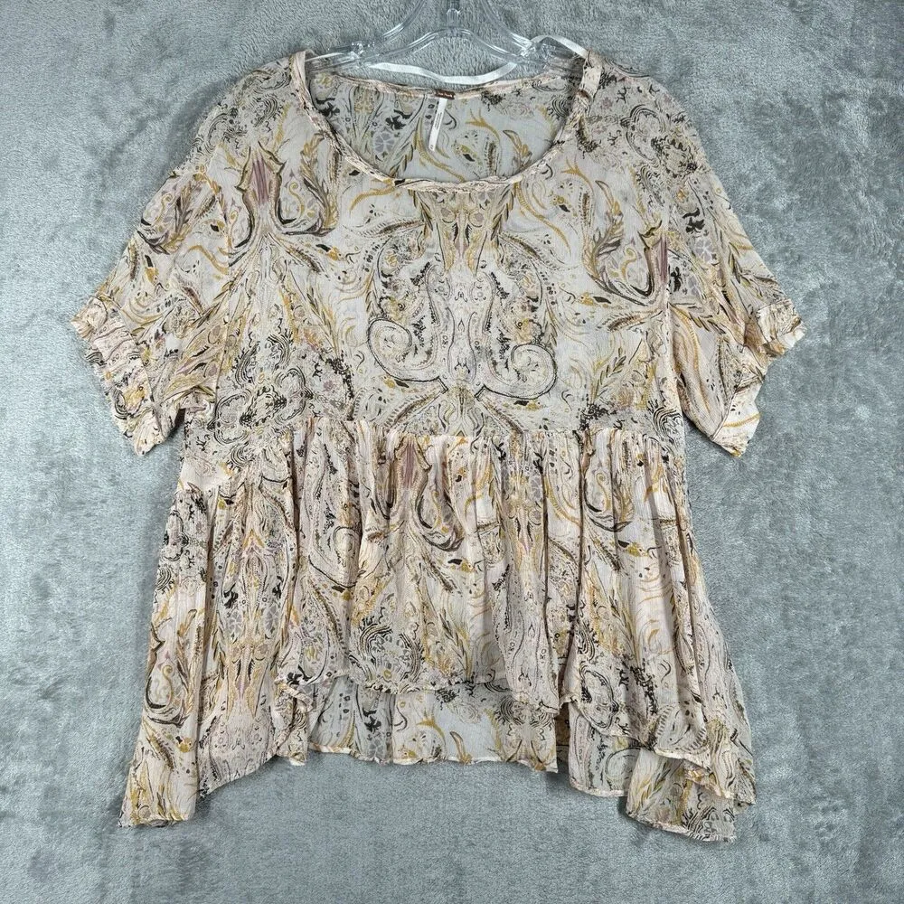 Free People Shirt Women Medium Cream Tan Paisley Say You Will Sheer Babydoll Y2K - Image 2
