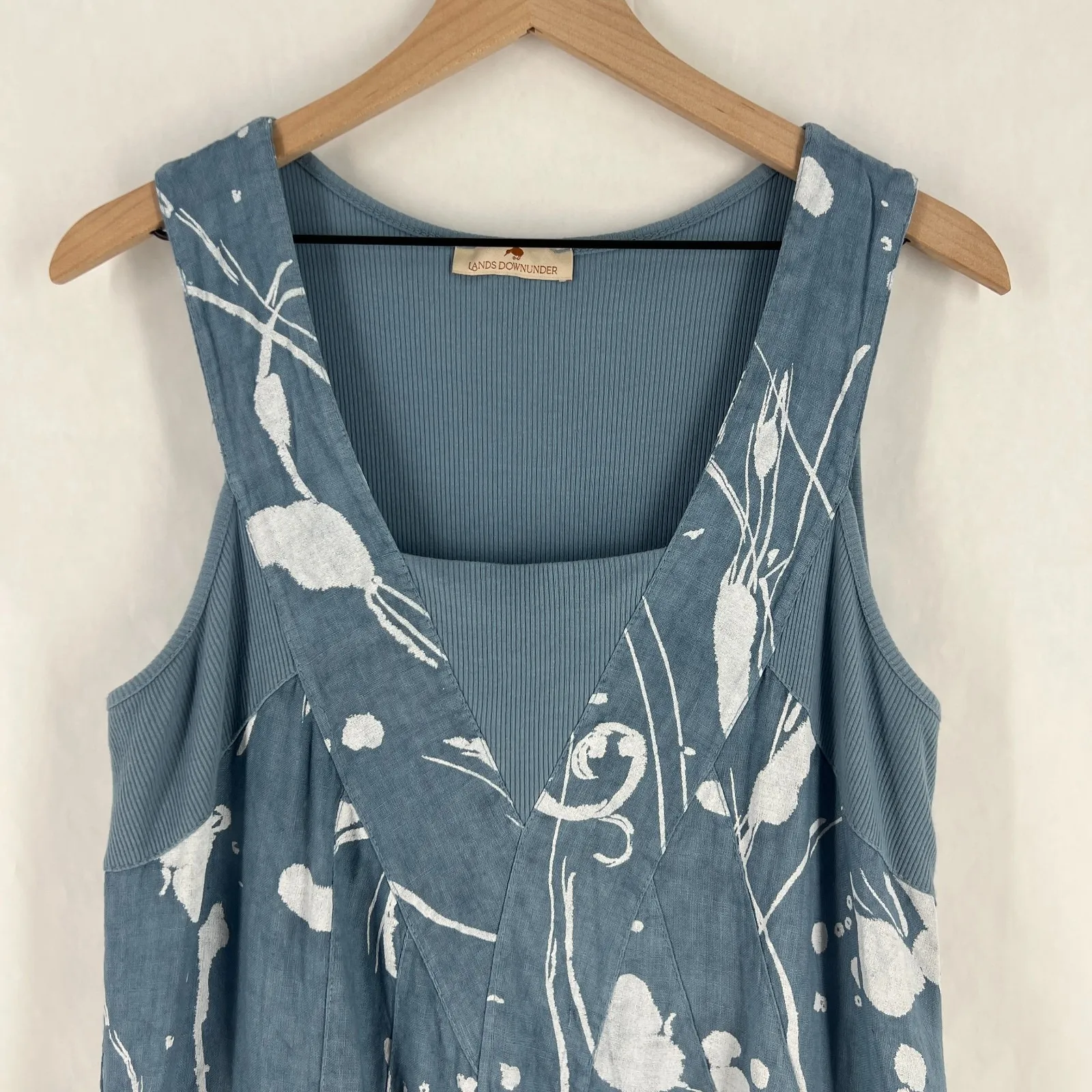 Lands Downunder Linen Dress Womens Large Blue Abstract Knit Ribbed Square Neck - Image 2