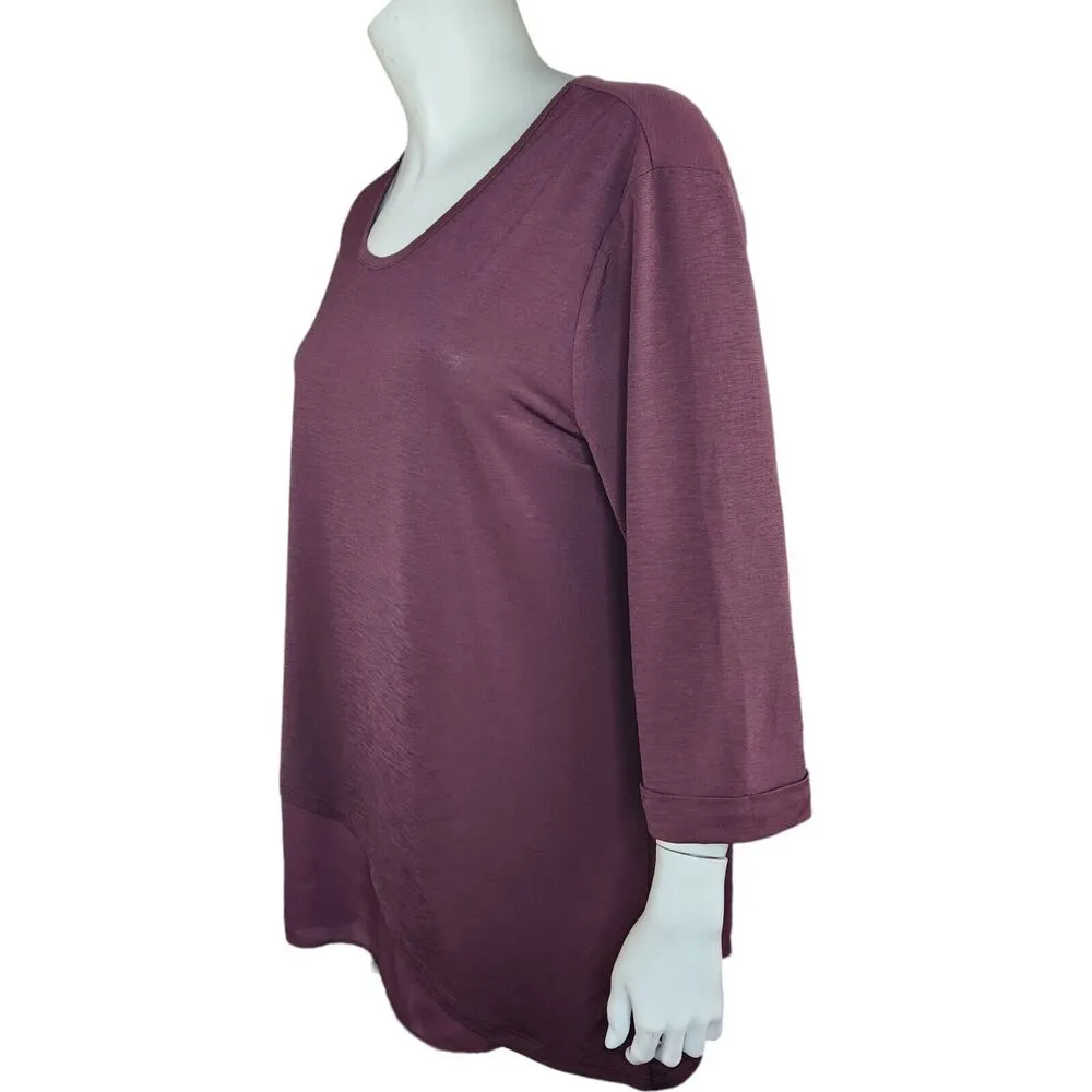 Cato Womens XL Burgundy 3/4 Length Roll Sleeve Sheer Bottom Blouse Slinky - Image 4