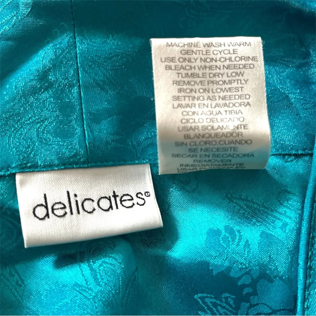 Delicates Shimmering Teal Button Down Shirt no bottoms embroidered Satin Size L - Image 6