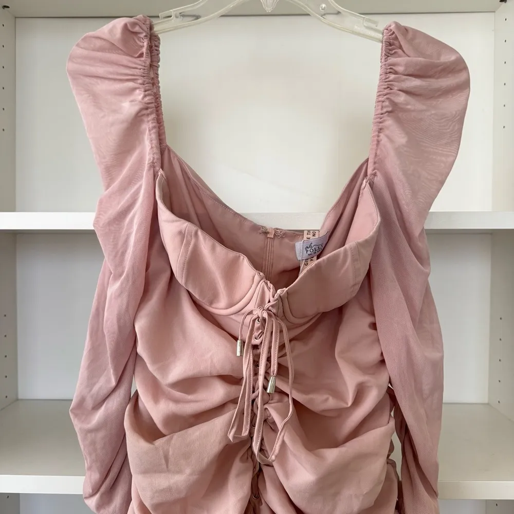 OH POLLY Fantasy Long Sleeve Ruched Mesh Blush Mini Dress - Image 6