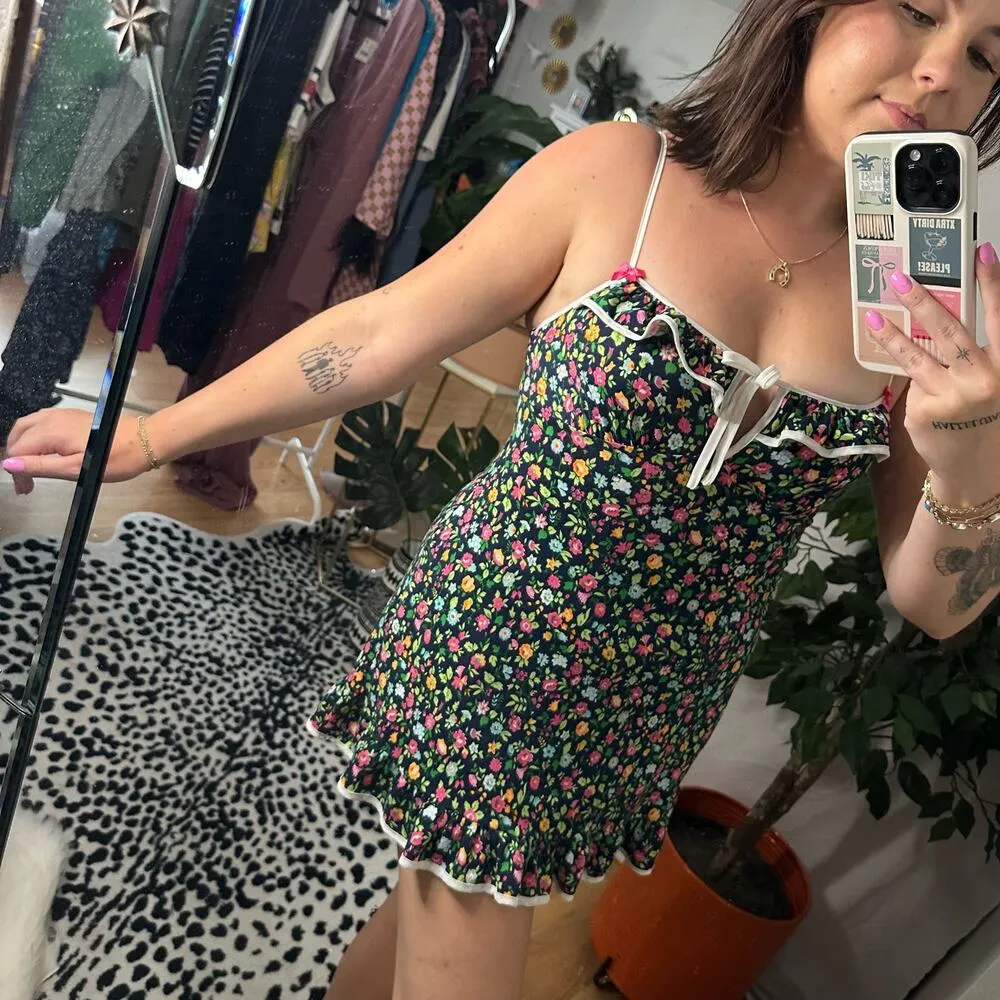 Betsey Johnson Retro Floral Mini Slip Dress Navy Bow - Image 7