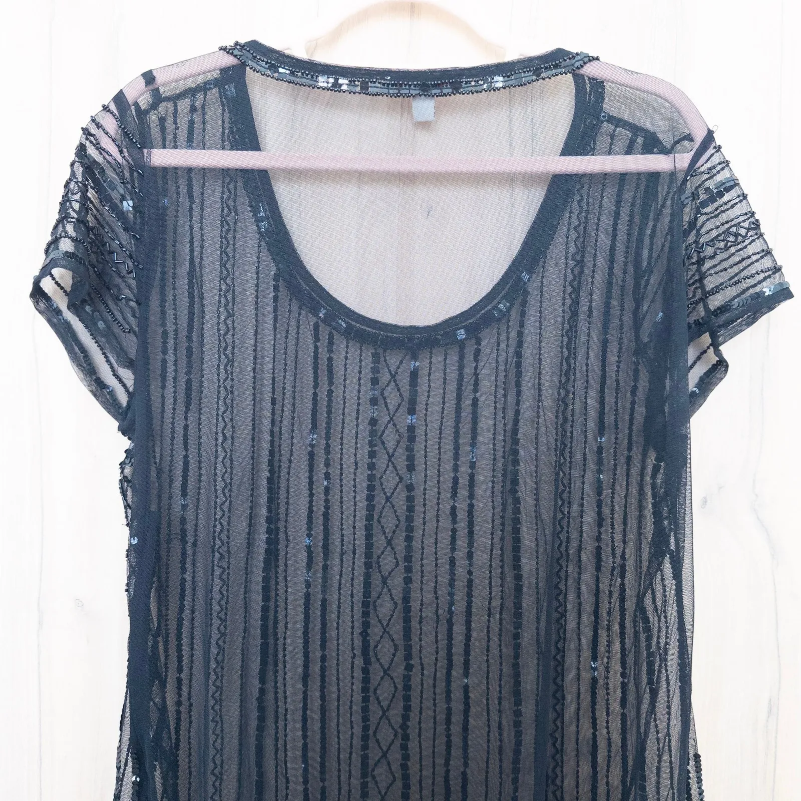 Womens Sheer Beaded Top Size XL Black Short Sleeve Mesh Party Art Deco Gatsby - Image 8