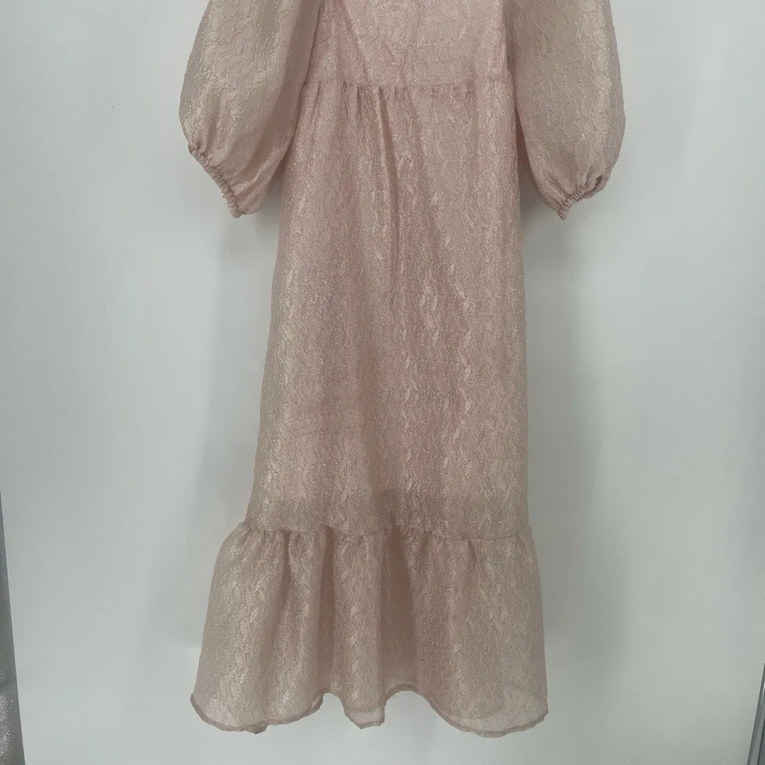 ANTHROPOLOGIE Soft Pale Pink Textured Puff Sleeve Baby Doll Midi Dress size XS - Image 4