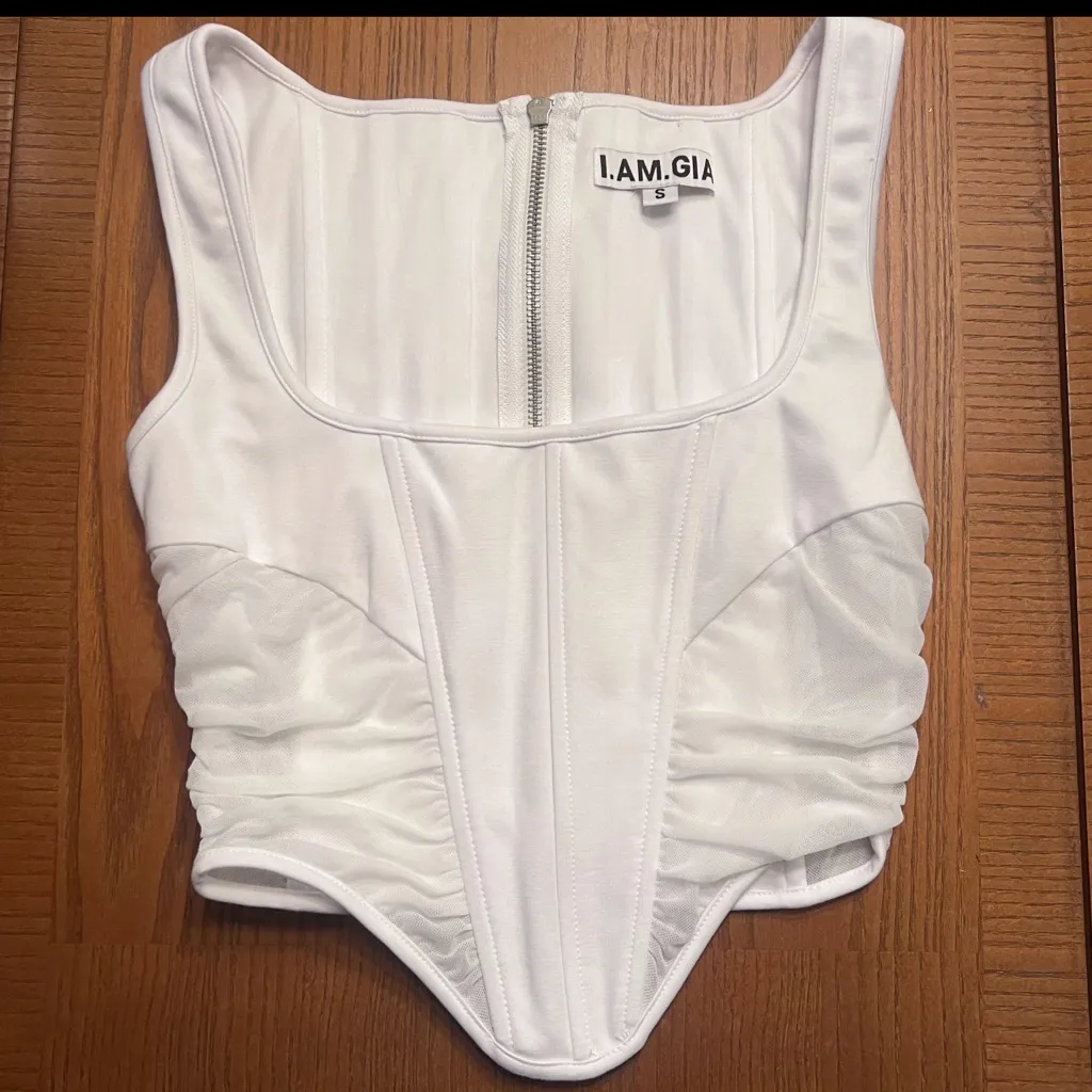 I.AM.GIA. Mandi Ruched Mesh Sttetch Corset Top‎ Back Zipper White Size Small - Image 4
