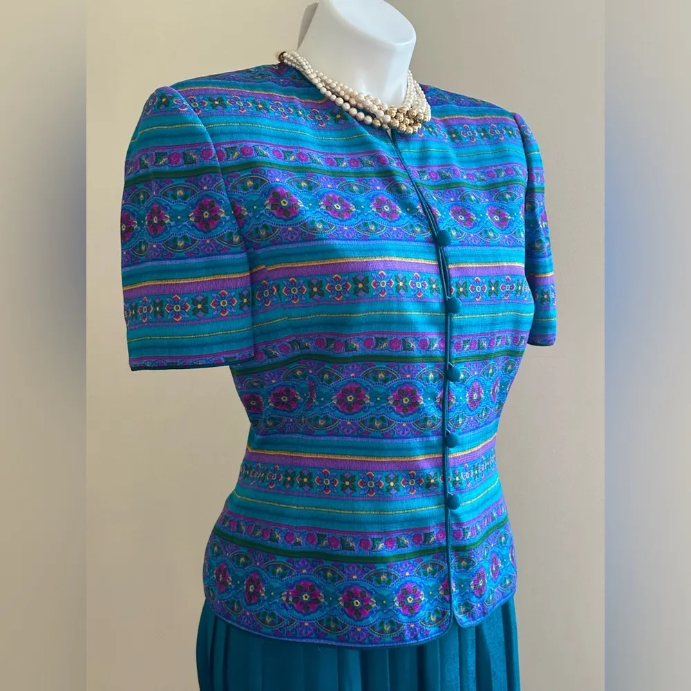 Adrianna Papell Safe Silk Blue,Pink,Purple,Yellow Satin Skirt Set 100% Silk Sz 6 - Image 5