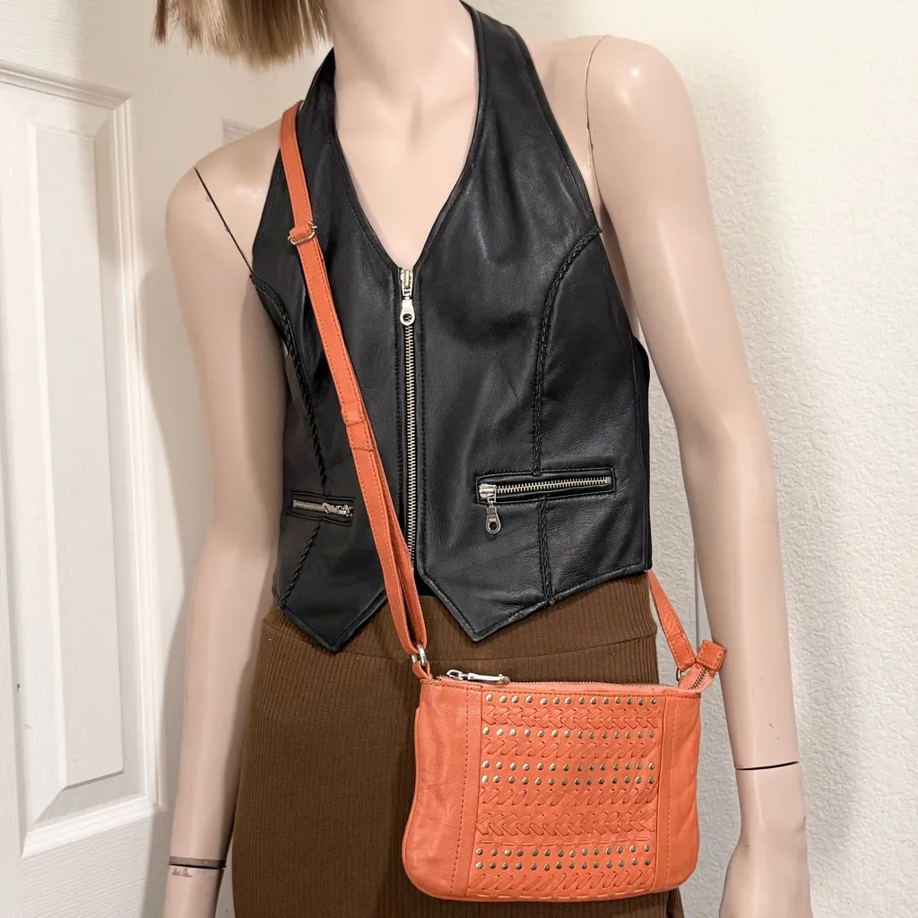 MARC New York ANDREW MARC Orange Leather Studded Woven Crossbody Bag - Image 4