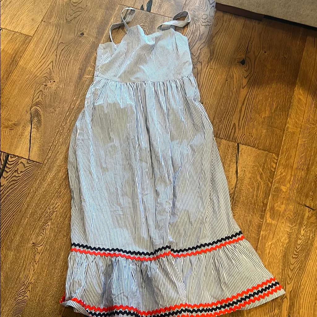 J. Crew blue and white striped  Maxi Dress with Red and Blue ricrac sz10‎ - Image 3