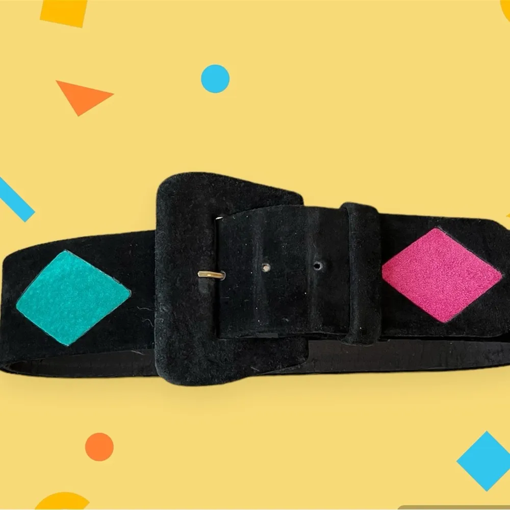 Vintage Suede Belt Black Colorful Triangles 80’s 90’s M Medium Blue - Image 2