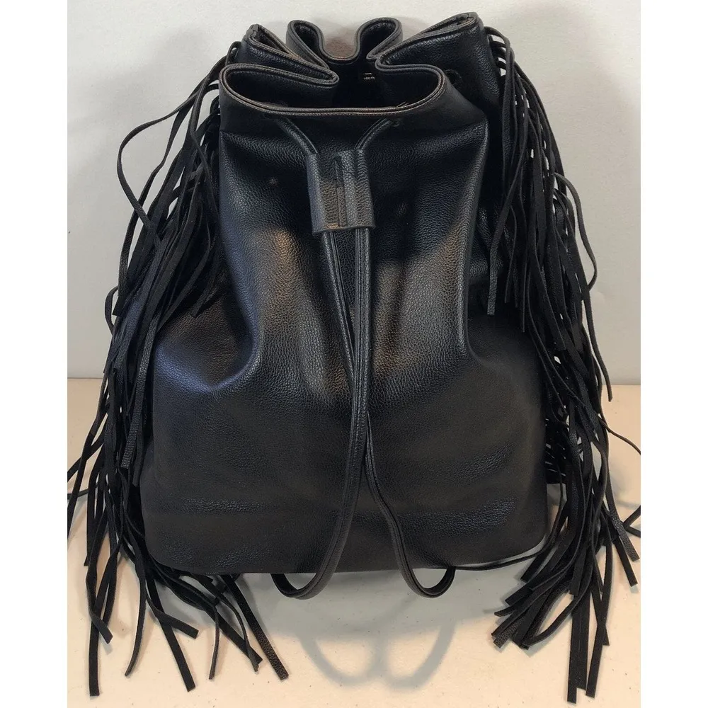 Victoria's Secret Black Fringe Backpack Purse Bag Faux Leather - Image 2