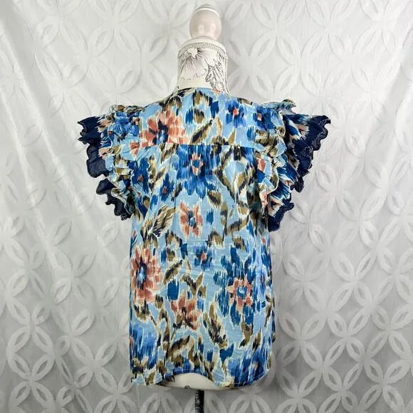 House of Harlow‎ 1960 Size S Zoey Floral Cotton Ruffle Flutter Sleeves Top Blue - Image 4