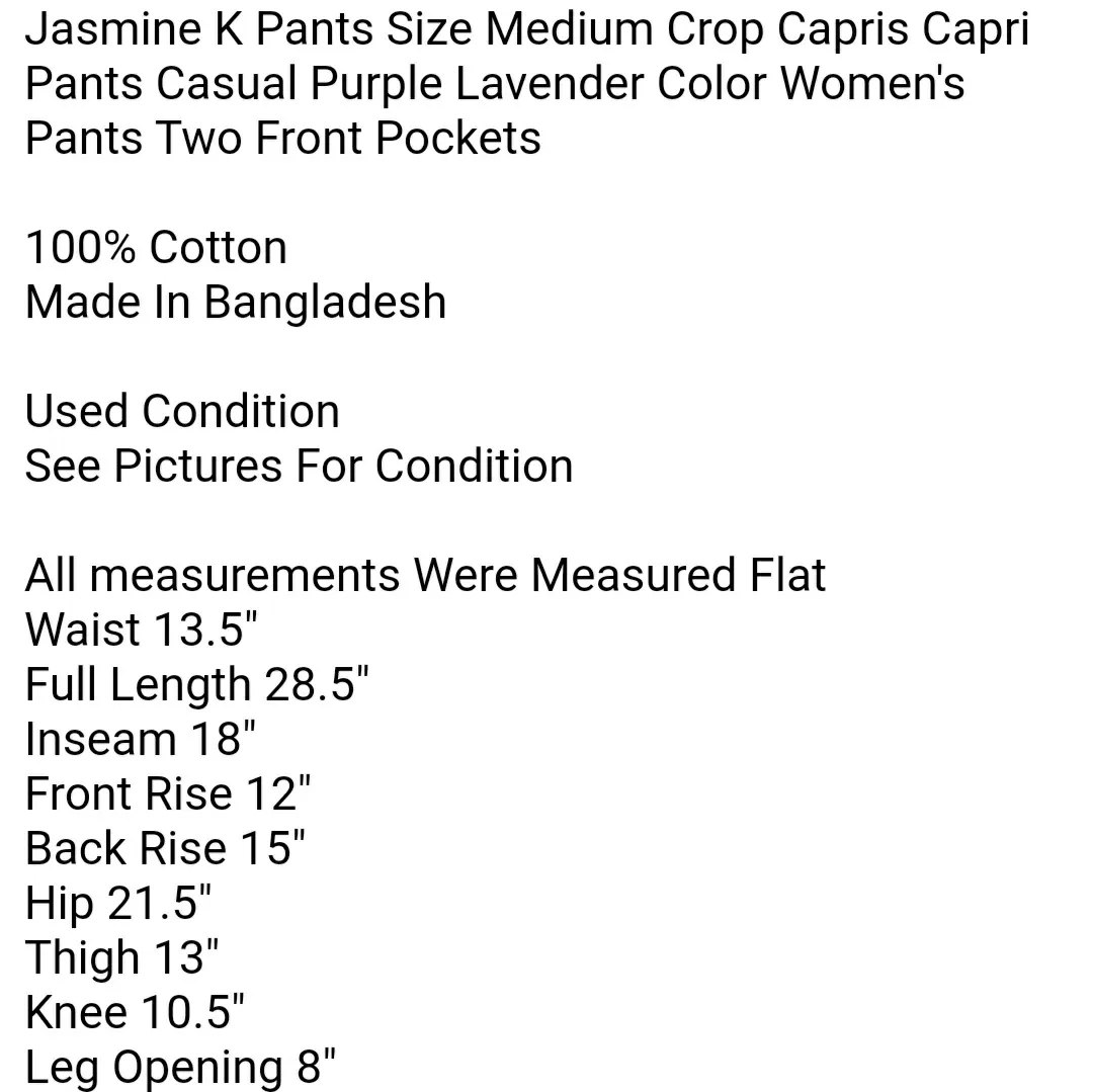 Jasmine K Pants Size Medium Crop Capris Capri Pants Casual Purple Lavender Color Women's Pants  - Image 6