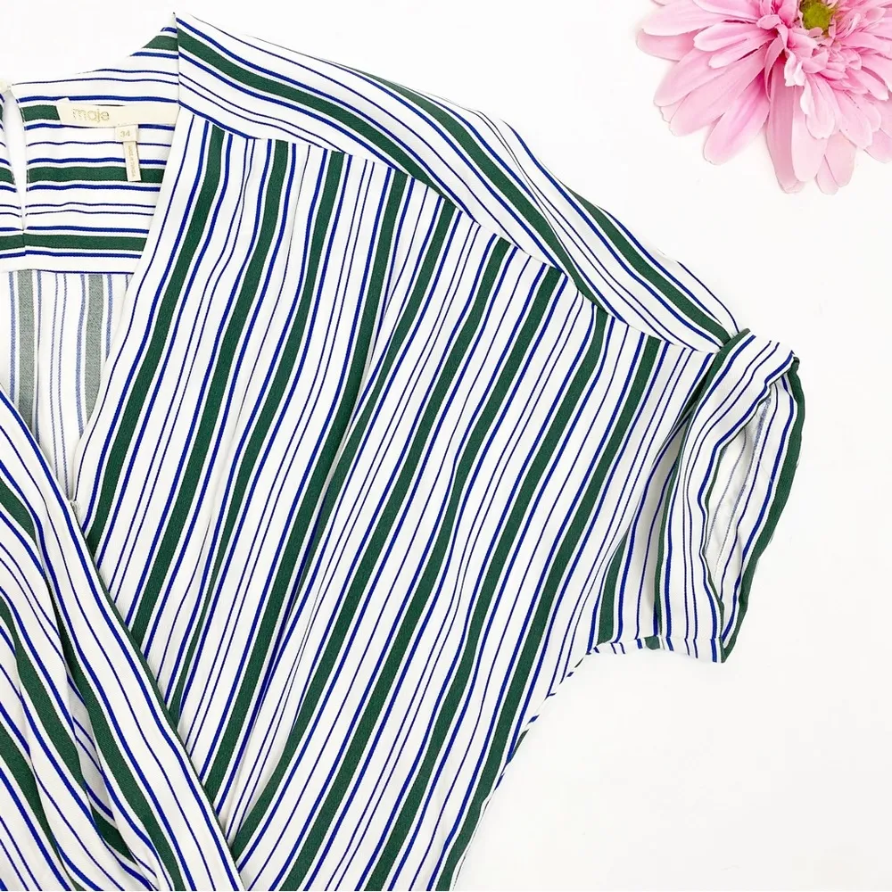 Maje Pando Pandora Striped Twill Relaxed Jumpsuit: Green/White/Blue Faux Wrap - Image 6