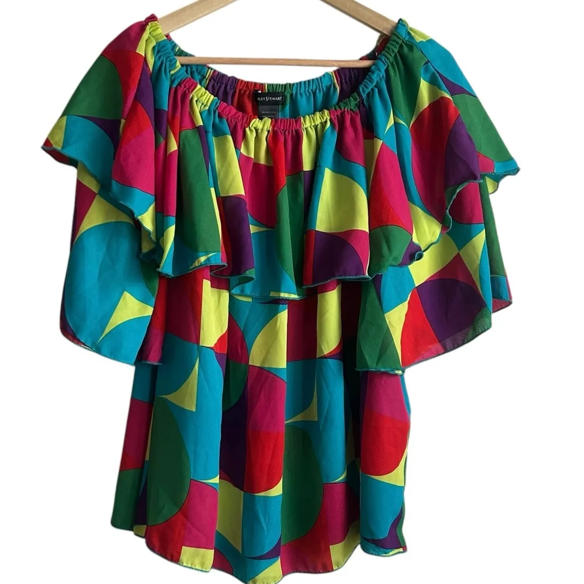 Ashley Stewart Women Top 3X Vibrant Rainbow Abstract Geometric Ruffle Collar - Image 1