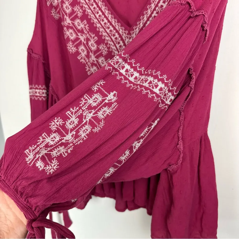American Eagle Embroidered Boho Top Sz XL Pink Balloon Sleeves - Image 11