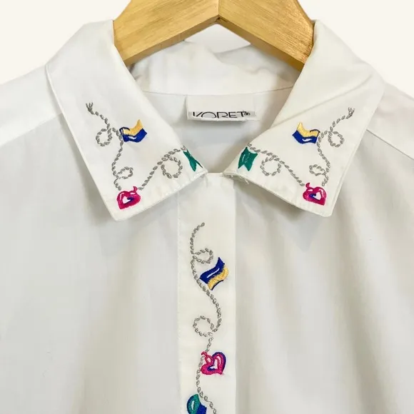 Vintage Embroidered Top Flag Bunting Banner White Long Sleeves Blouse Shirt Cute Size M - Image 2