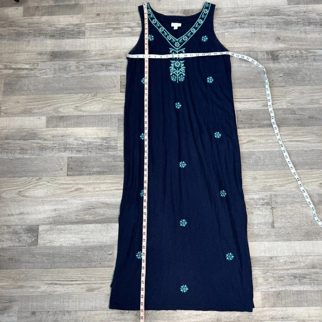 J. Jill Navy Floral Embroidered Sleeveless V-Neck Long Dress  D37 - Image 5
