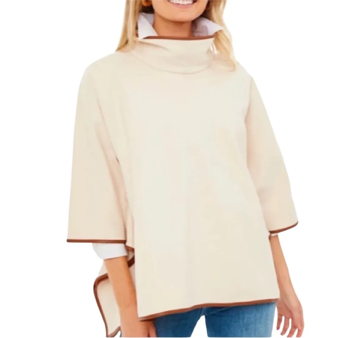 Tuckernuck Funnel Neck Piper Poncho Cream Brown Leather Trim Coastal Old Money - Image 6