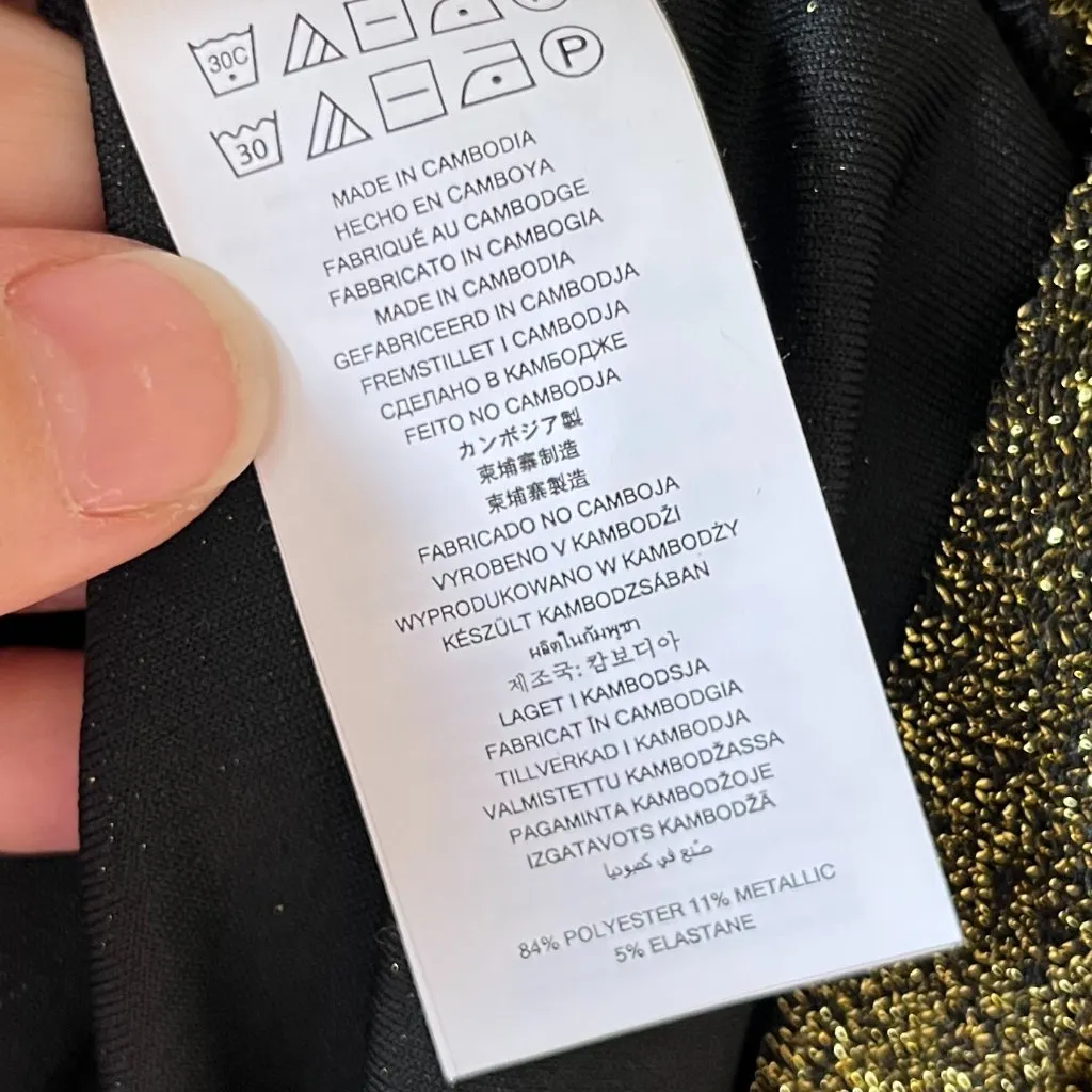 Michael Kors Sz M Black Gold Metallic Stretch Midi Dress Back Chain Long Sleeve - Image 9