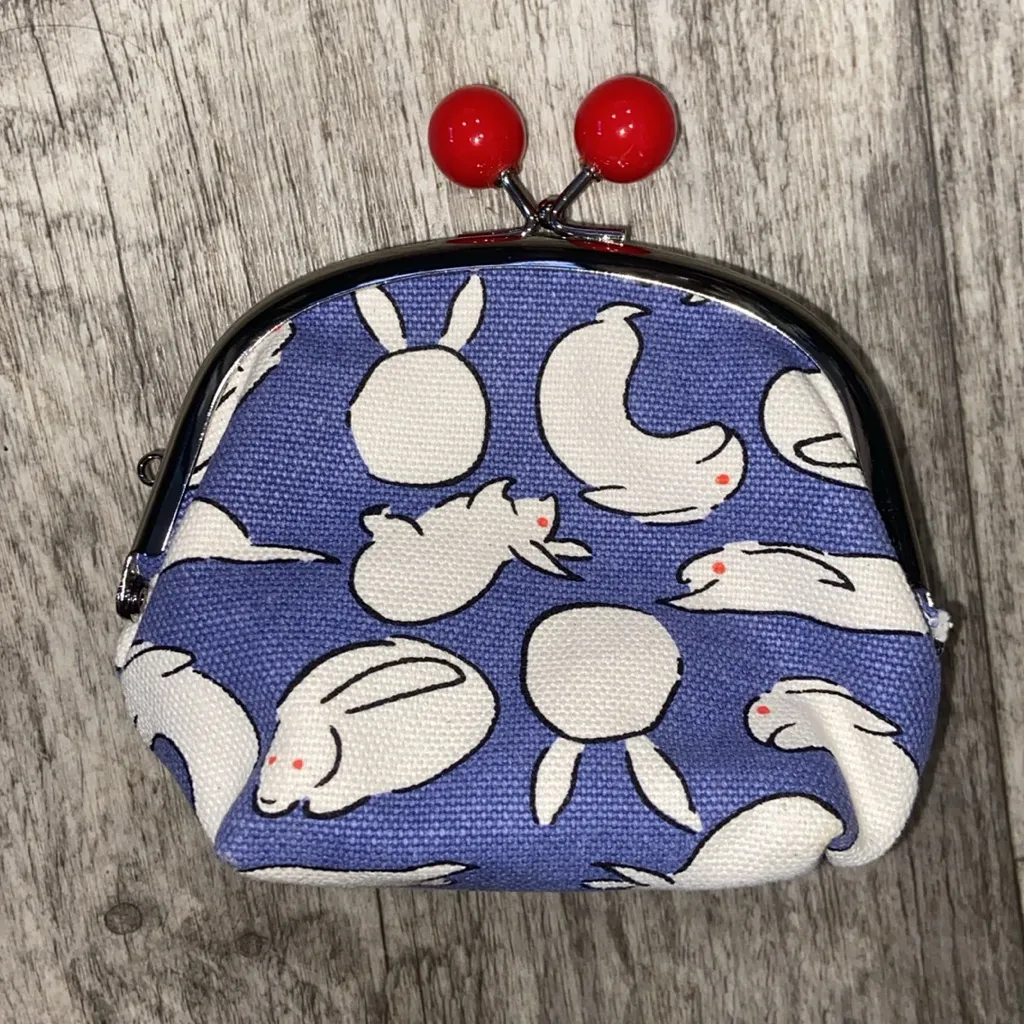 RABBITS BLUE CANVAS Red Kisslock Large Coin Purse Small Clutch Makeup Bag - Image 2