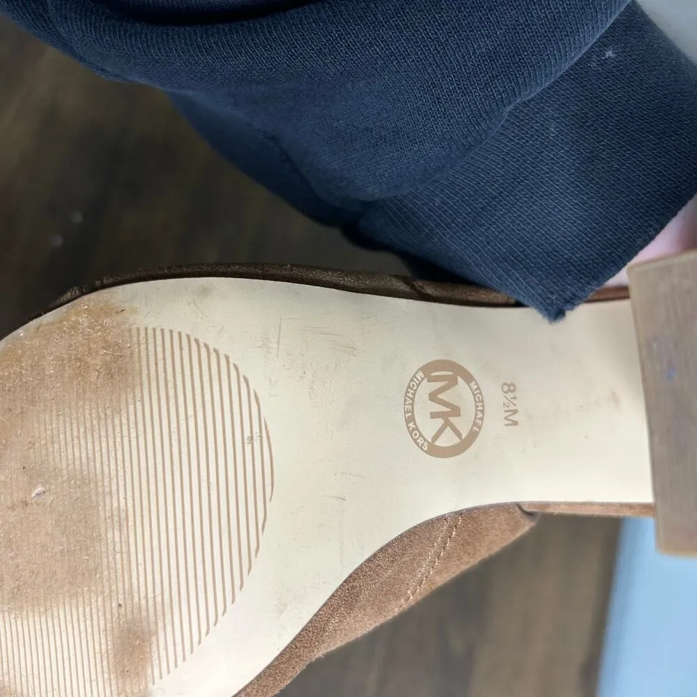 Michael Kors Chunky Peeptoe Heels Cassie Slingback Camel Brown Suede Leather 8.5 - Image 10