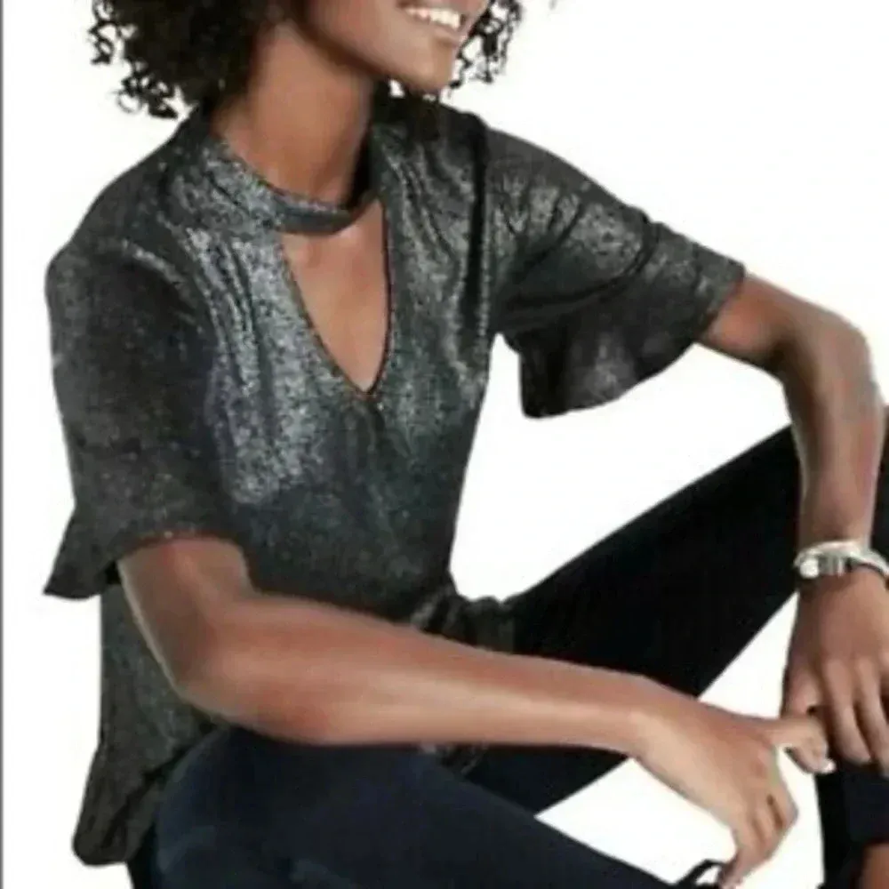 Lucky Brand | Metallic Silver Keyhole Cutout Choker Ruffle Blouse Size XS - Image 2