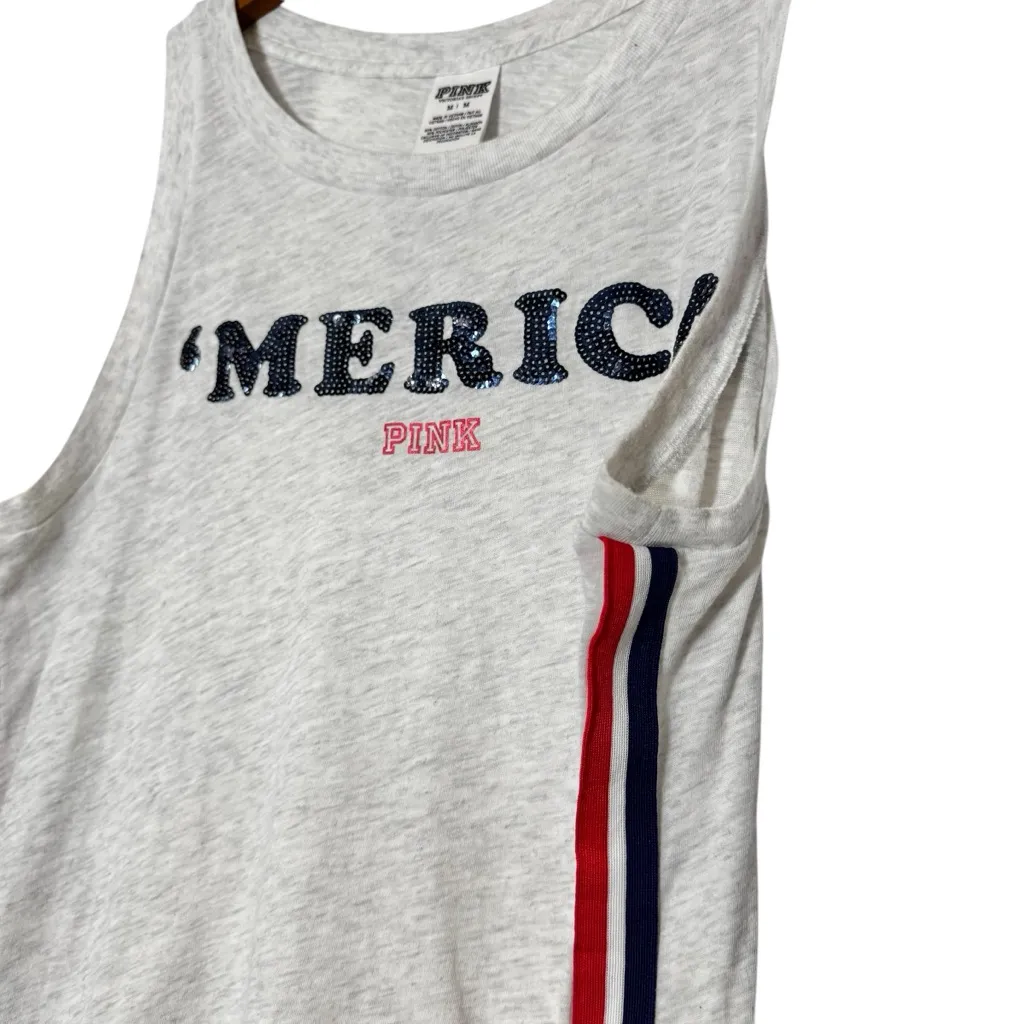 PINK Victoria's Secret Gray "Merica" Razorback Tank Top with red & blue stripes - Image 7
