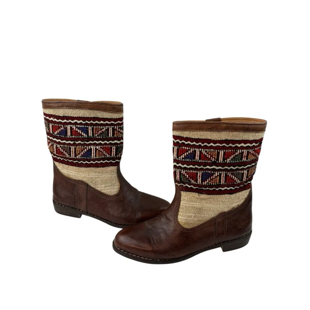 *Womens Kilim Moroccan Boots Size 8.5-9? Brown Leather Western Blanket Fabric - Image 3